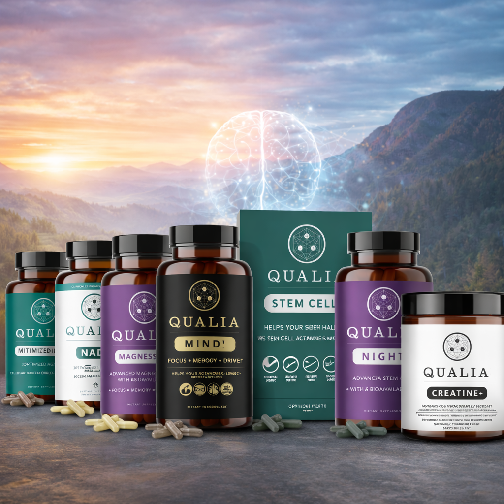 Qualia supplement lineup with mountain sunrise background